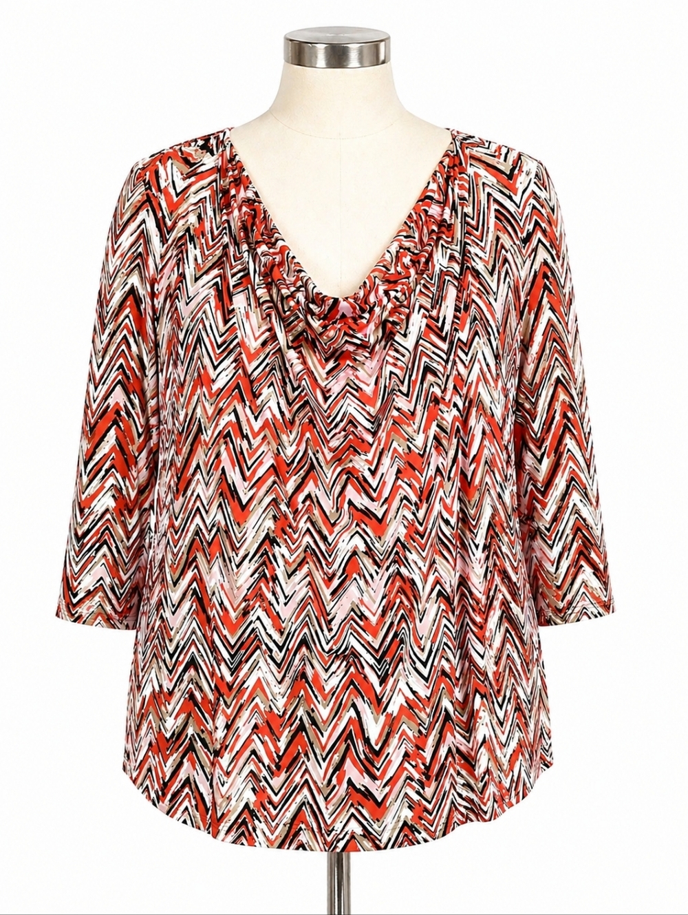 Avenue Orange & Black Chevron Print Stretch Knit Drape Neck Tunic Top Sz 30/32